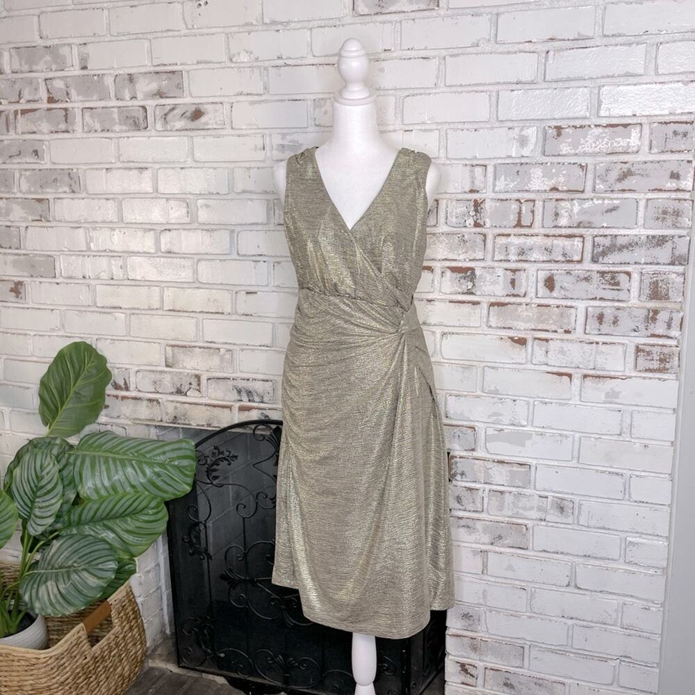 Anthropologie Kari Gold Metallic Faux Wrap V-neck New Years Wedding Midi Dress S